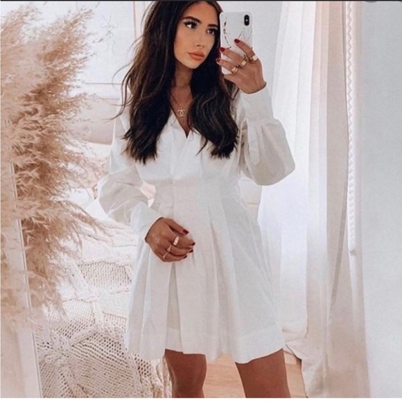 ZARA V-Neck Crossed pleated White mini cotton long sleeve Shirt Dress XS NWT - Picture 12 of 16